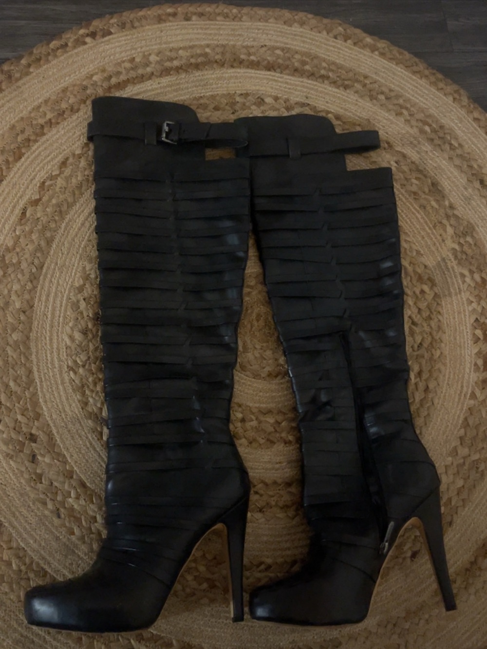 Black Strappy High-Heel Knee Boot